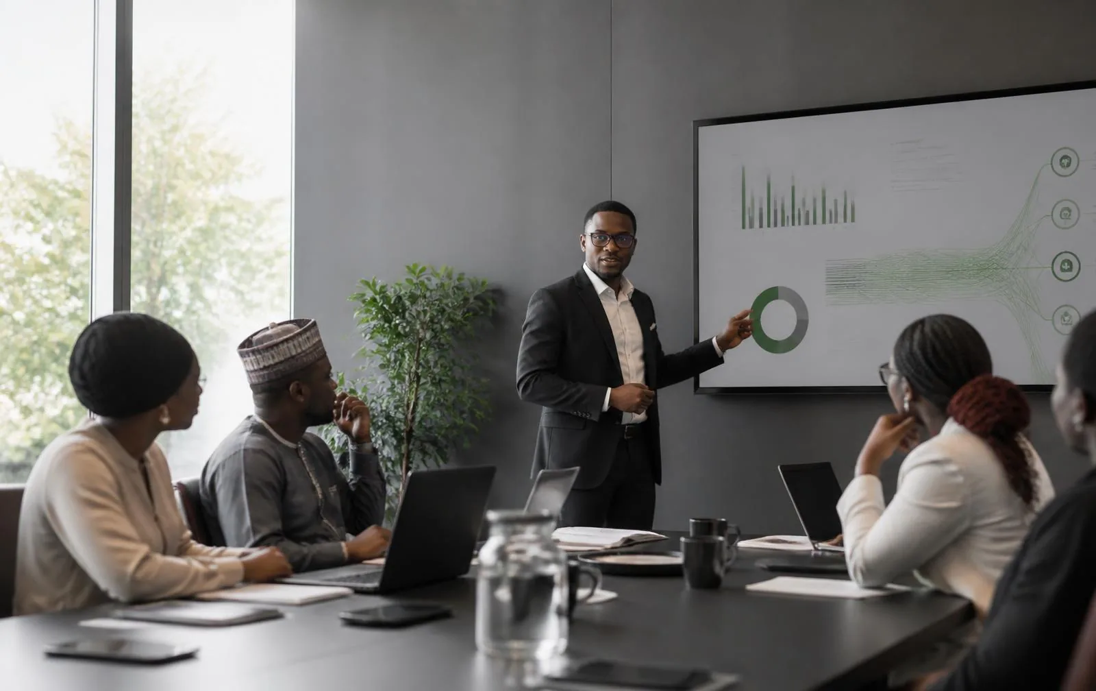 Dirigeant africain présentant une stratégie de transformation digitale à son équipe